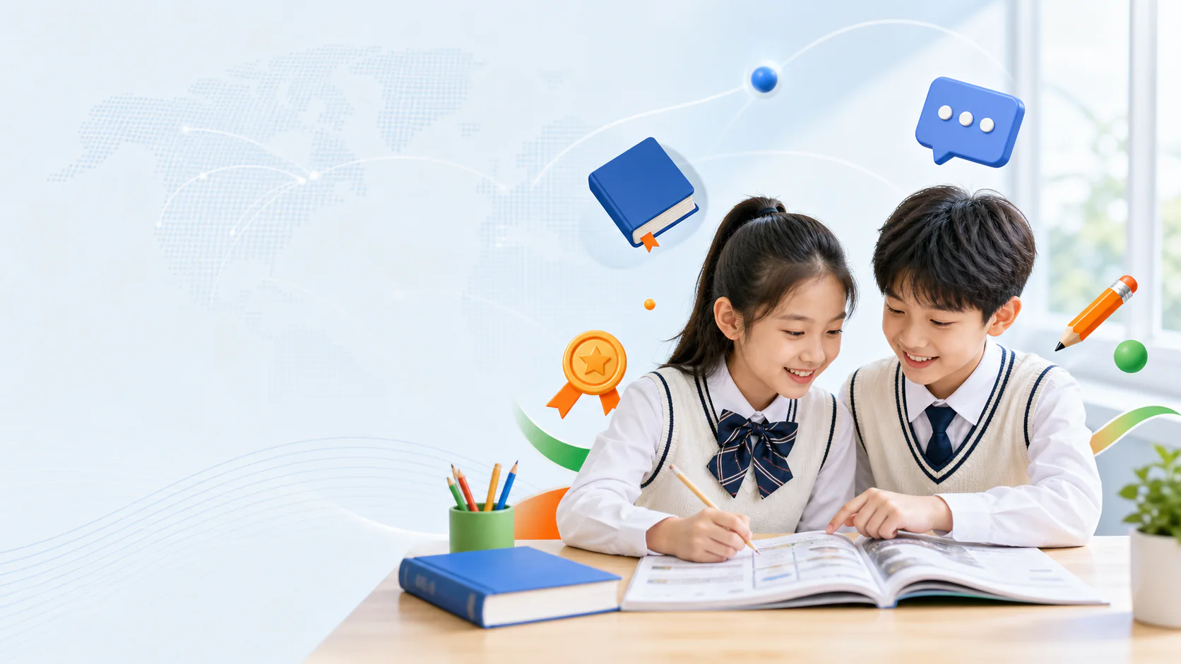 两名学生协作完成英语阅读任务的教学情境示意